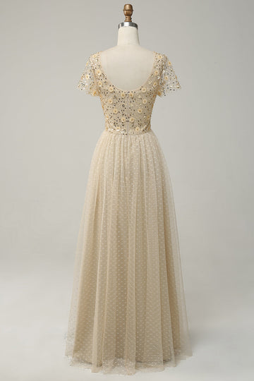 Apricot Tulle A Line Sequins Formal Dress with Appliques